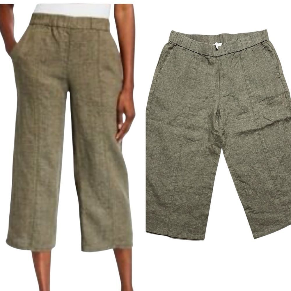 NWOT EILEEN FISHER Organic Linen Wide Leg Cropped Pant Green Size Large Petite
